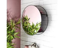 The Home Deco Factory Espejo De Pared|Espejo-Espejo redondo con estante de hierro 45 cm Negro