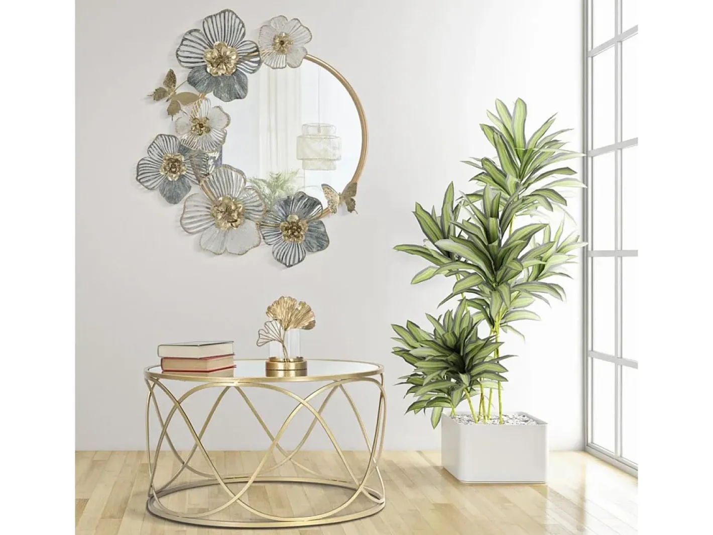 Espejo redondo de pared con decoraciones florales 3D Amy Multicolor