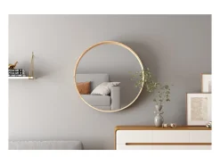 Meublorama Espejo redondo RIO – Ø80 cm – Acabado en roble envejecido – MDF con decoración de madera – Diseño natural y de tendencia Marru00f3n Discount