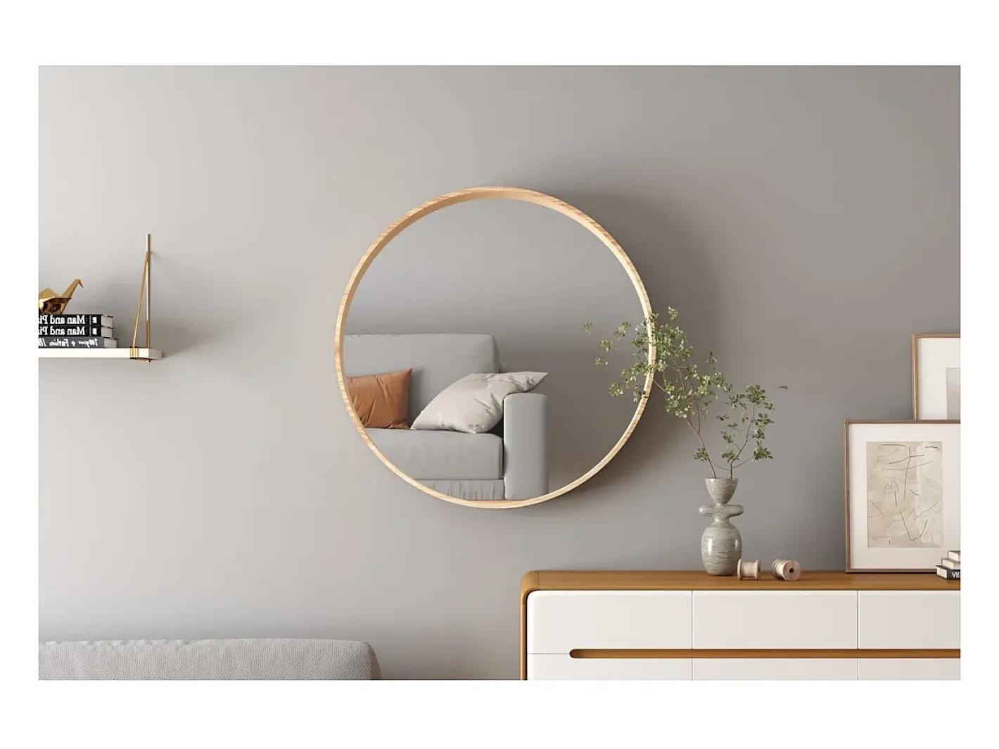 Meublorama Espejo redondo RIO – Ø80 cm – Acabado en roble envejecido – MDF con decoración de madera – Diseño natural y de tendencia Marru00f3n Discount