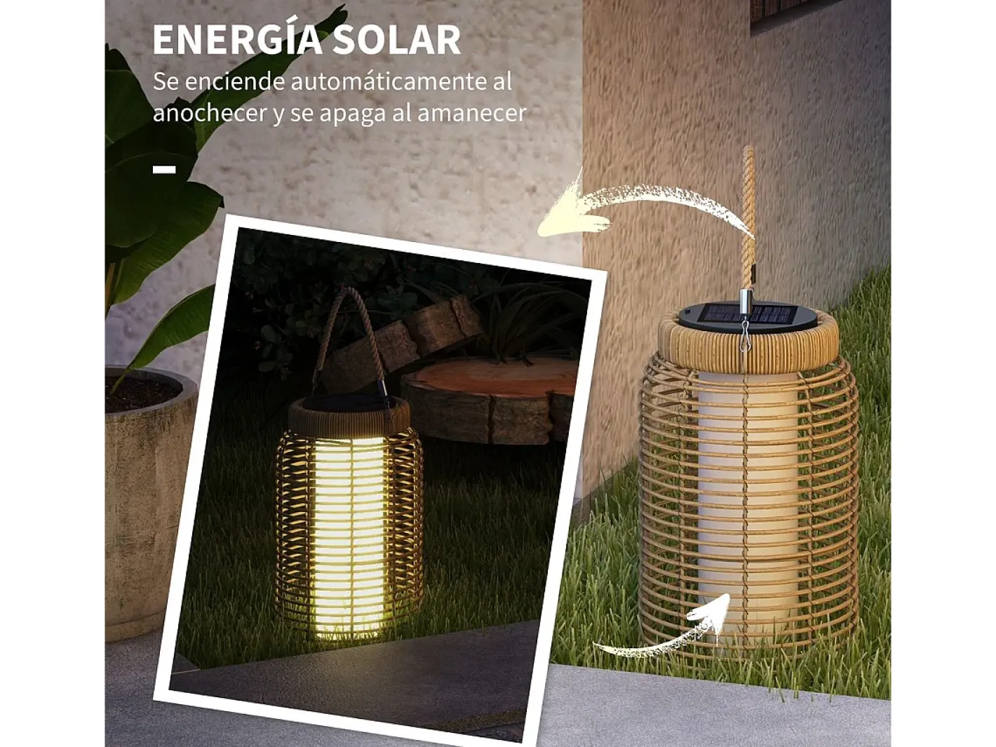 Outsunny Farolillo solar Ashti luces LED natural Ø18x37 cm Negro