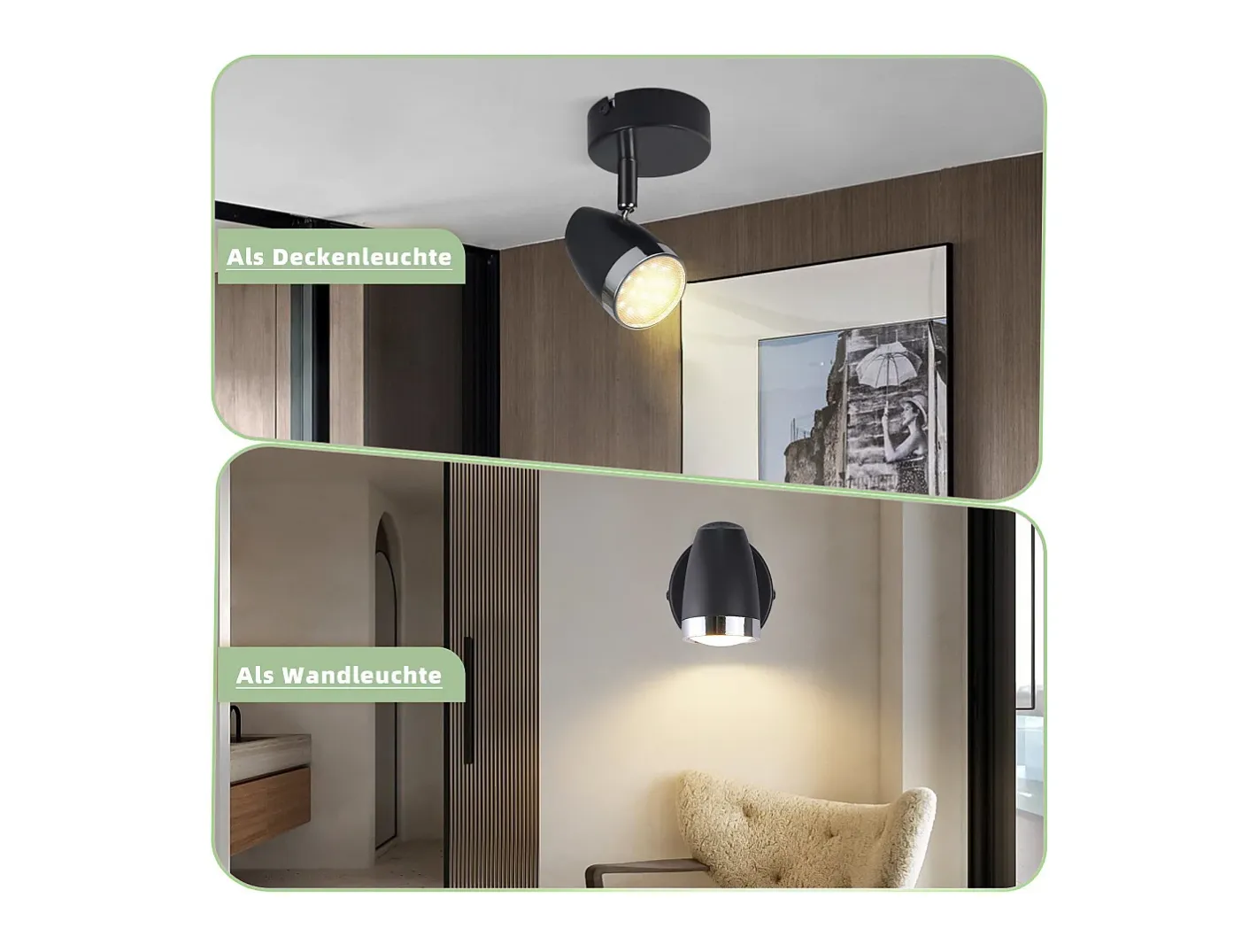NETTLIFE Plafón-Foco de techo LED , 1 bombilla moderna, 4 W, , blanco cálido, 3000 K, ajustable 350° Negro