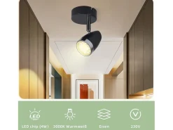 NETTLIFE Plafón-Foco de techo LED , 1 bombilla moderna, 4 W, , blanco cálido, 3000 K, ajustable 350° Negro
