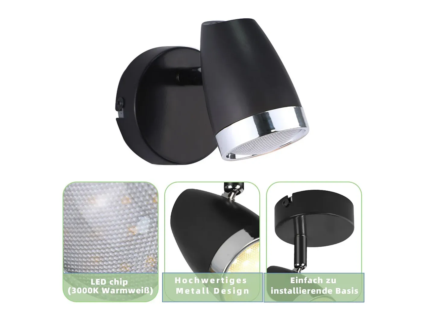 NETTLIFE Plafón-Foco de techo LED , 1 bombilla moderna, 4 W, , blanco cálido, 3000 K, ajustable 350° Negro