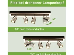NETTLIFE Plafón-Foco de techo LED de 4 focos, lámpara de techo: foco de techo GU10, lámpara de cocina orientable, foco plateado de 18 W Negro