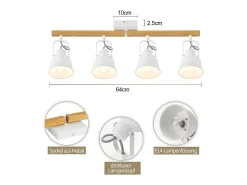 NETTLIFE Plafón-Foco de techo 4 llamas orientable 350° Vintage E14 Diseño de alta calidad en madera veteada Blanco