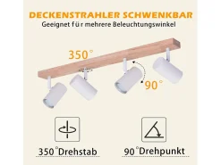 NETTLIFE Aplique Para Pared-Foco de techo de 4 focos, madera negra, estilo vintage, GU10, luz de techo orientable, lámpara de pasillo orientable 350° Blanco