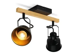 NETTLIFE Plafón-Foco de techo de 2 llamas orientable a 350° con casquillo E14 vintage, diseño de alta calidad en madera veteada Negro