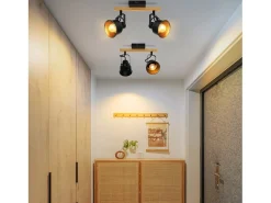 NETTLIFE Plafón-Foco de techo de 2 llamas orientable a 350° con casquillo E14 vintage, diseño de alta calidad en madera veteada Negro