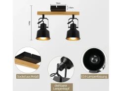 NETTLIFE Plafón-Foco de techo de 2 llamas orientable a 350° con casquillo E14 vintage, diseño de alta calidad en madera veteada Negro