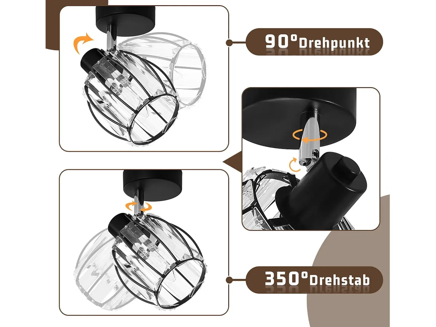 NETTLIFE Foco de techo vintage de cristal E14 para pasillo, ajustable a 350°, industrial, intercambiable Negro Clearance