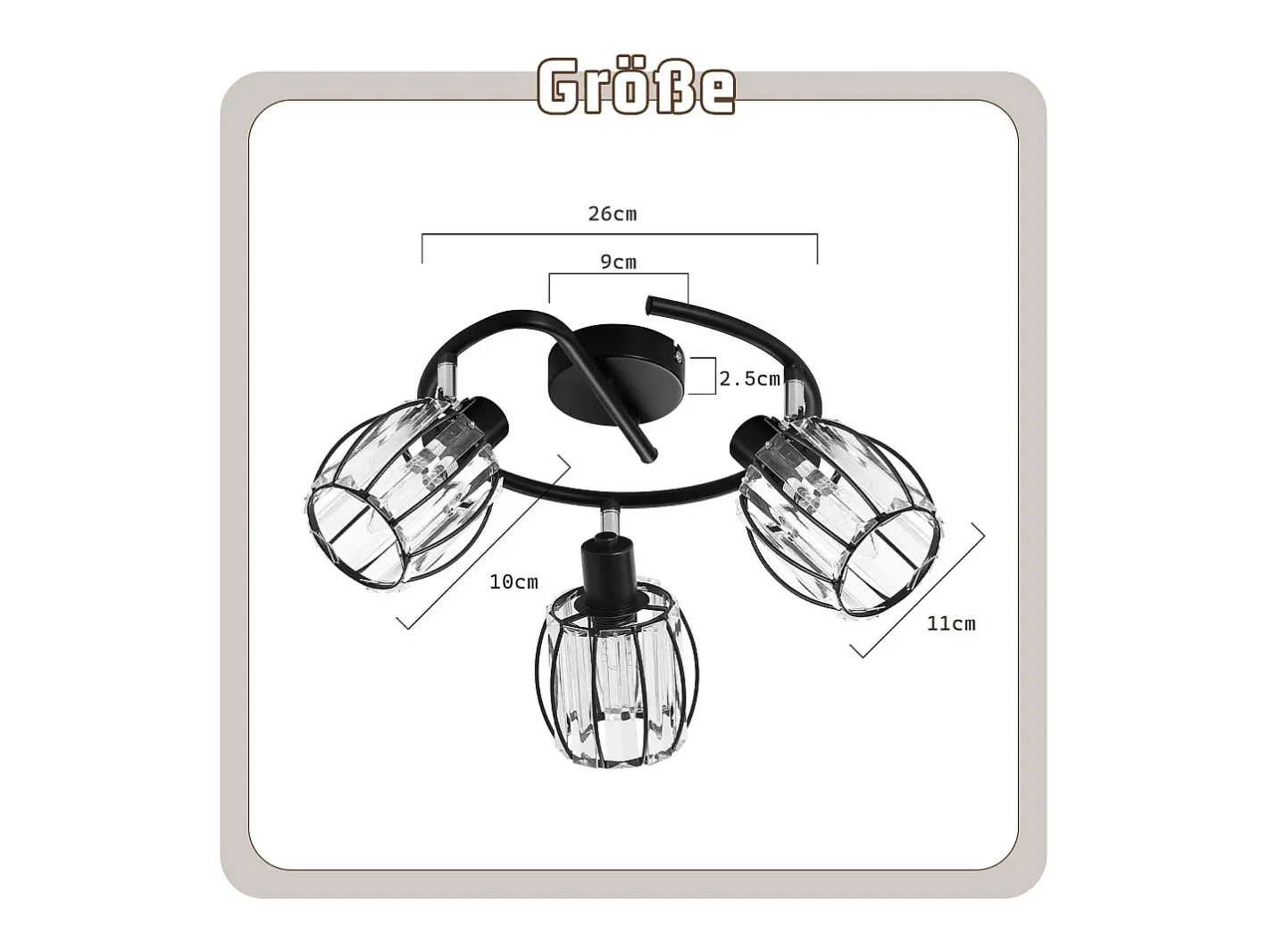 NETTLIFE Plafón-Foco de techo vintage de cristal de 3 luces E14 para pasillo, giratorio 350°, estilo industrial Negro