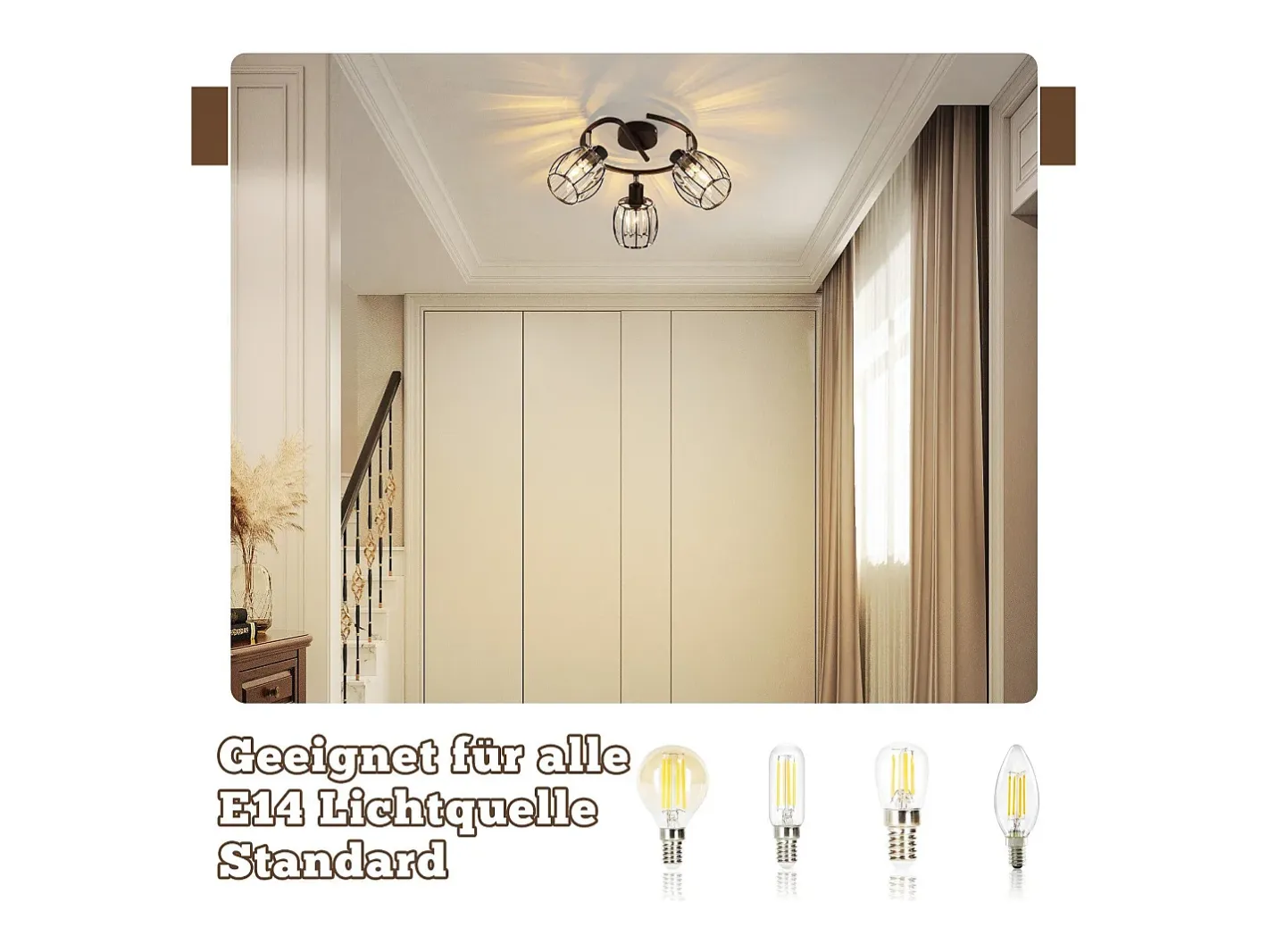 NETTLIFE Plafón-Foco de techo vintage de cristal de 3 luces E14 para pasillo, giratorio 350°, estilo industrial Negro