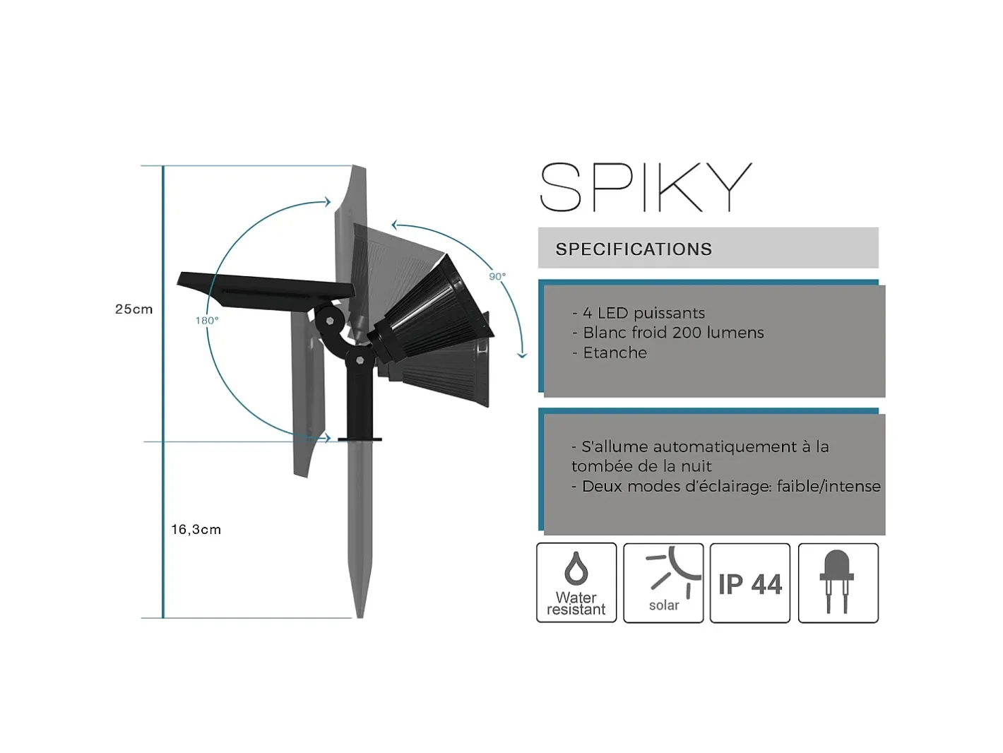 Lumisky Iluminación Exterior-Foco solar 200LM SPIKY Negro