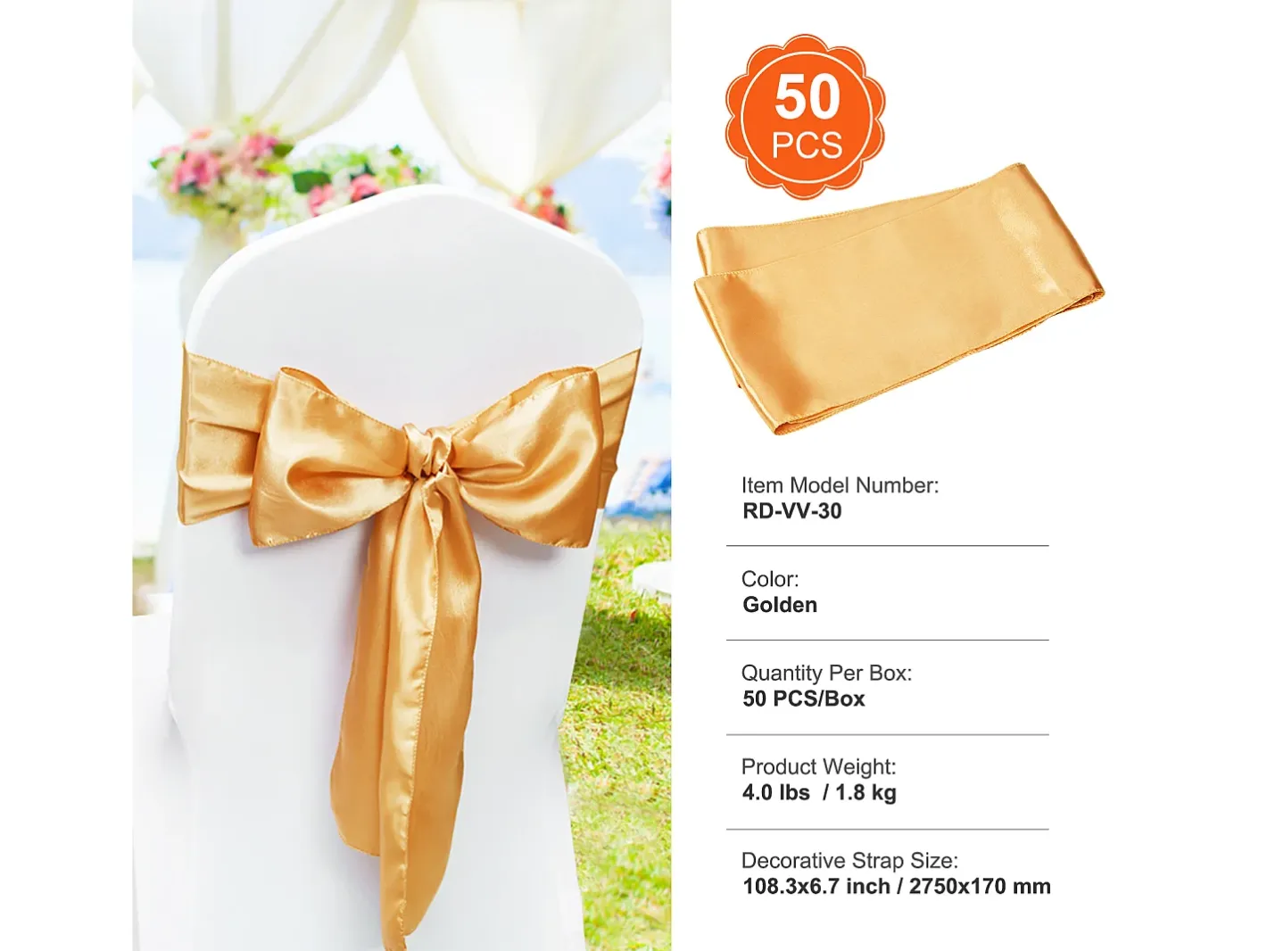 Ropa De Casa-Funda de Silla SucceBuy 50 uds., , Funda de Silla y Cinturón de Silla Extensible Dorado