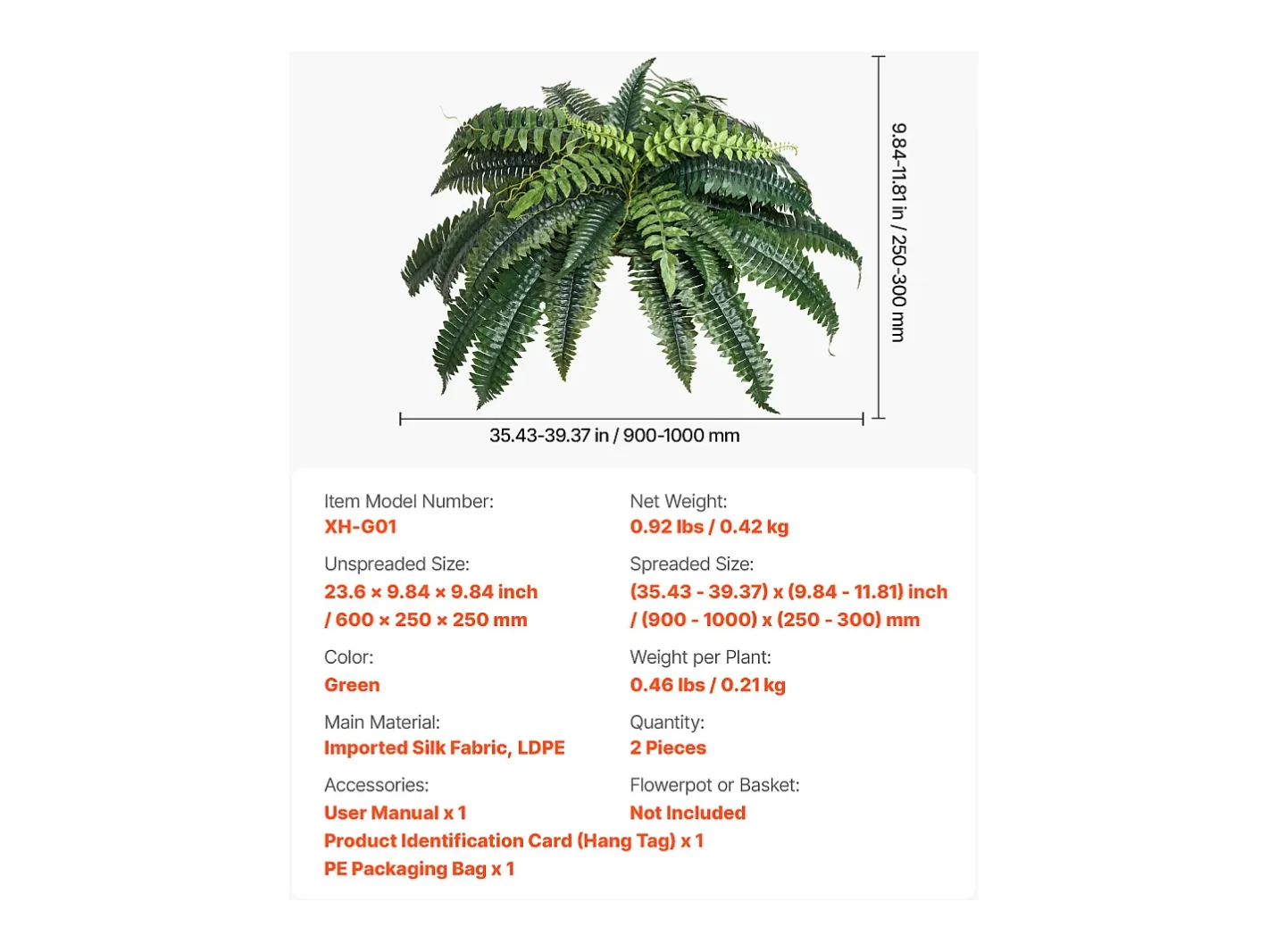 Best Helecho Artificial SucceBuy, Pack de 2, Helecho Falso de Boston 90-100 cm, 35 Hojas, Colgante, Decoración Interior/Exterior, Hogar/Oficina, Maceta No Incluida Verde
