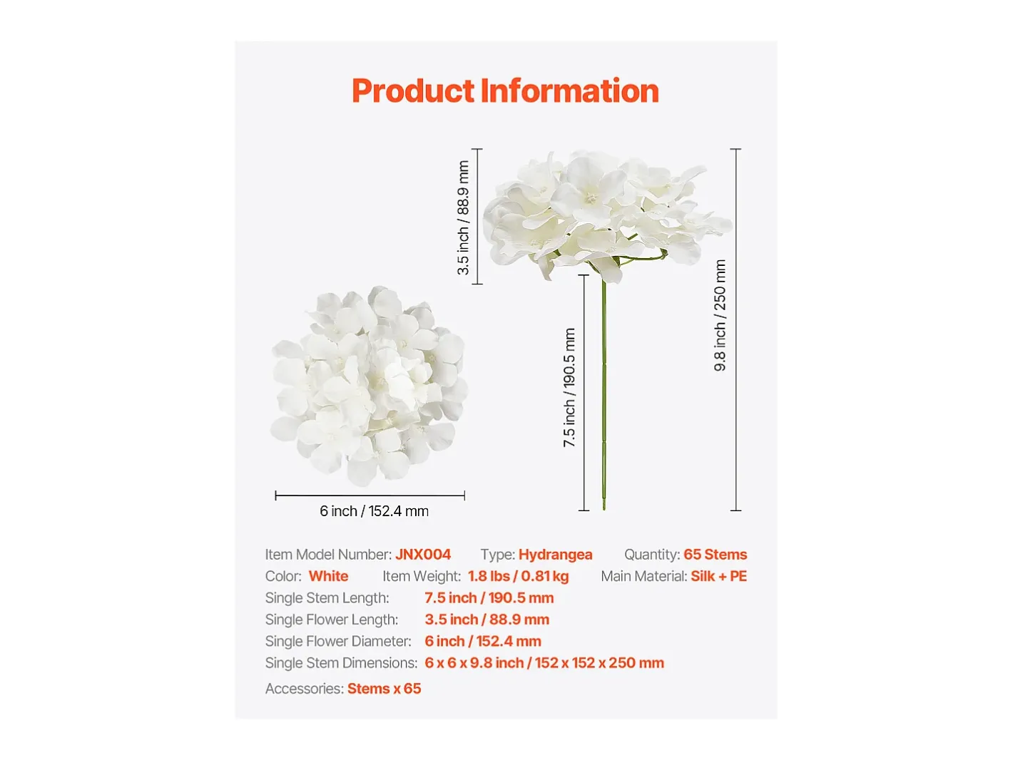Sale Hortensia Artificial SucceBuy Flores Artificiales 250 mm, Ramos de Flores Artificiales Aspecto Realista con Cabeza de 152,4 mm, Lote de 65, Blanco