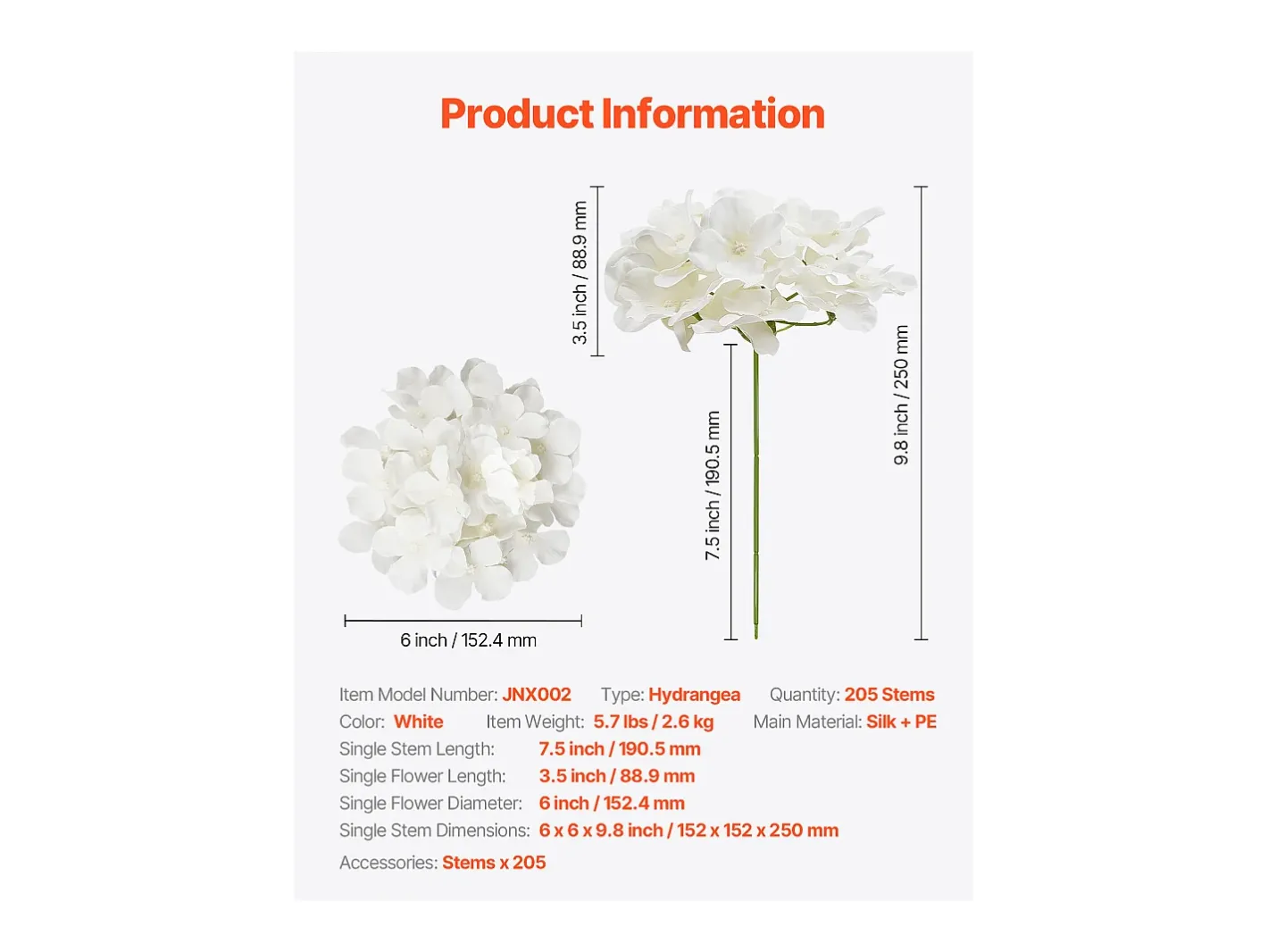Planta Artificial-Hortensia Artificial SucceBuy Flores Artificiales 250 mm, Ramos de Flores Artificiales Aspecto Realista con Cabeza de 152,4 mm, Lote de 205, Blanco