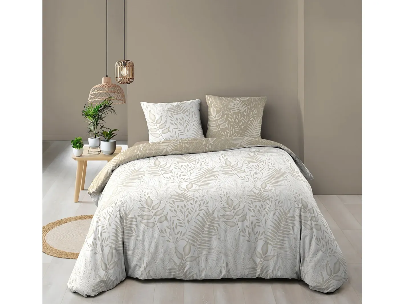 Douceur d'intérieur Juego de cama Cassia 260x240 cm 100% algodón reversible taupe con 2 fundas 63x63 cm, tejido 57 hilos/cm², certificado Oeko-Tex Beige