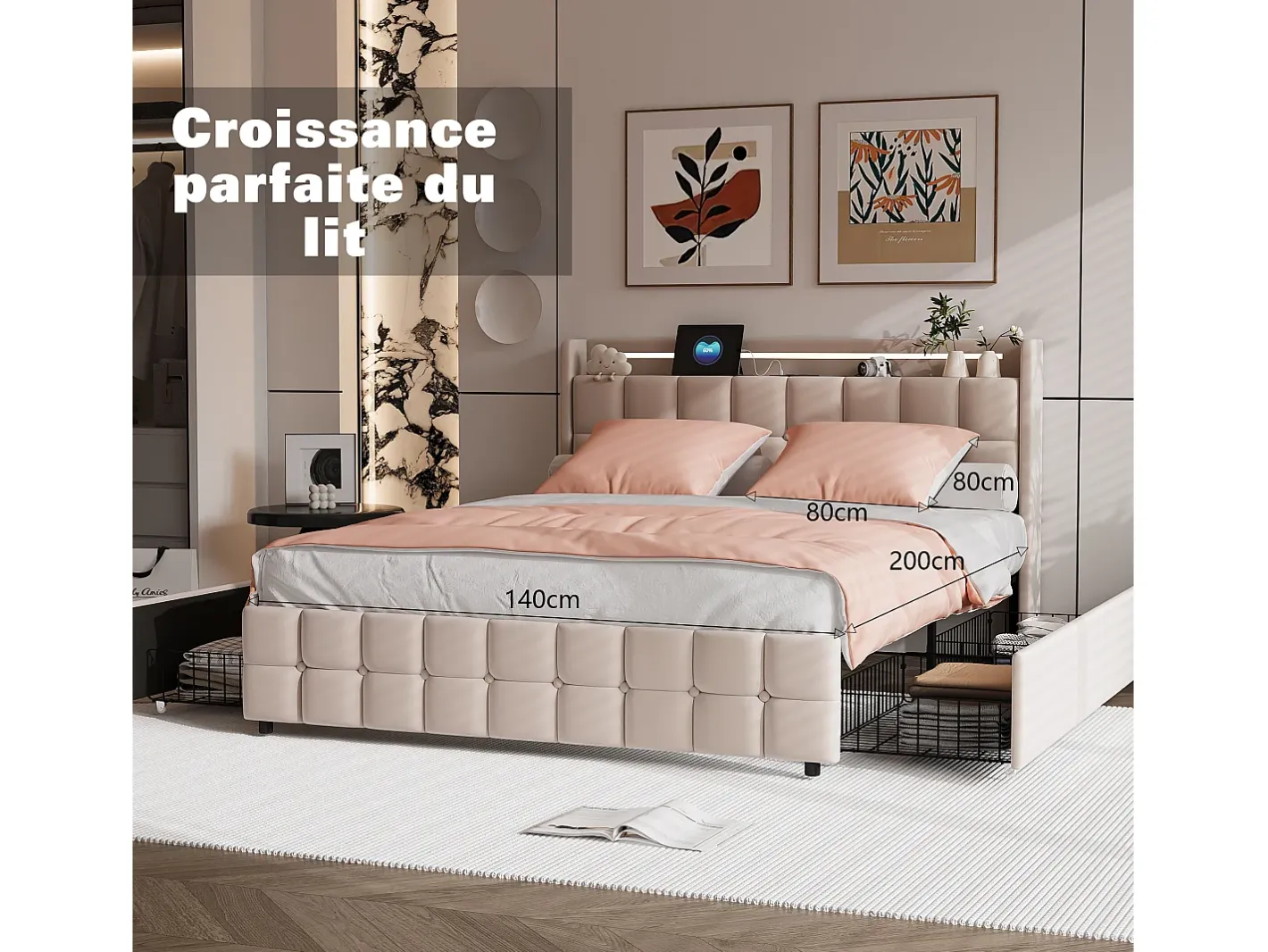 Ropa De Cama-Juego de cama de 3 piezas, incluye 2 fundas de almohada (80 x 80 cm), 1 sábana bajera (140 x 200 cm) + 1 funda nórdica (140 x 210 cm), Blanco + Rosa, poliéster Rosa palo