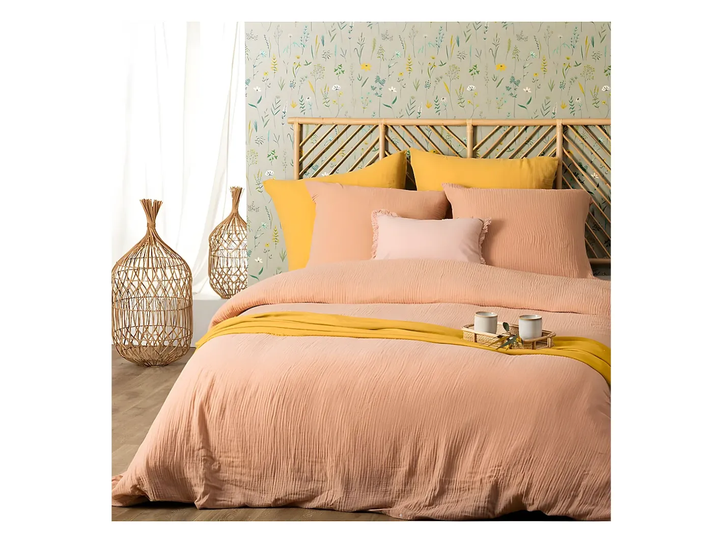 Discount Atmosphera Juego de cama de gasa de algodón liso 240 x 220 cm Rosa