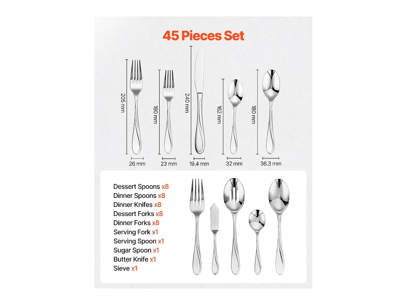 Cubierto-Juego de Cubiertos SucceBuy Juego de Cubiertos de Acero Inoxidable de 45 Piezas, para 8 Personas, para Utensilios de Cocina.