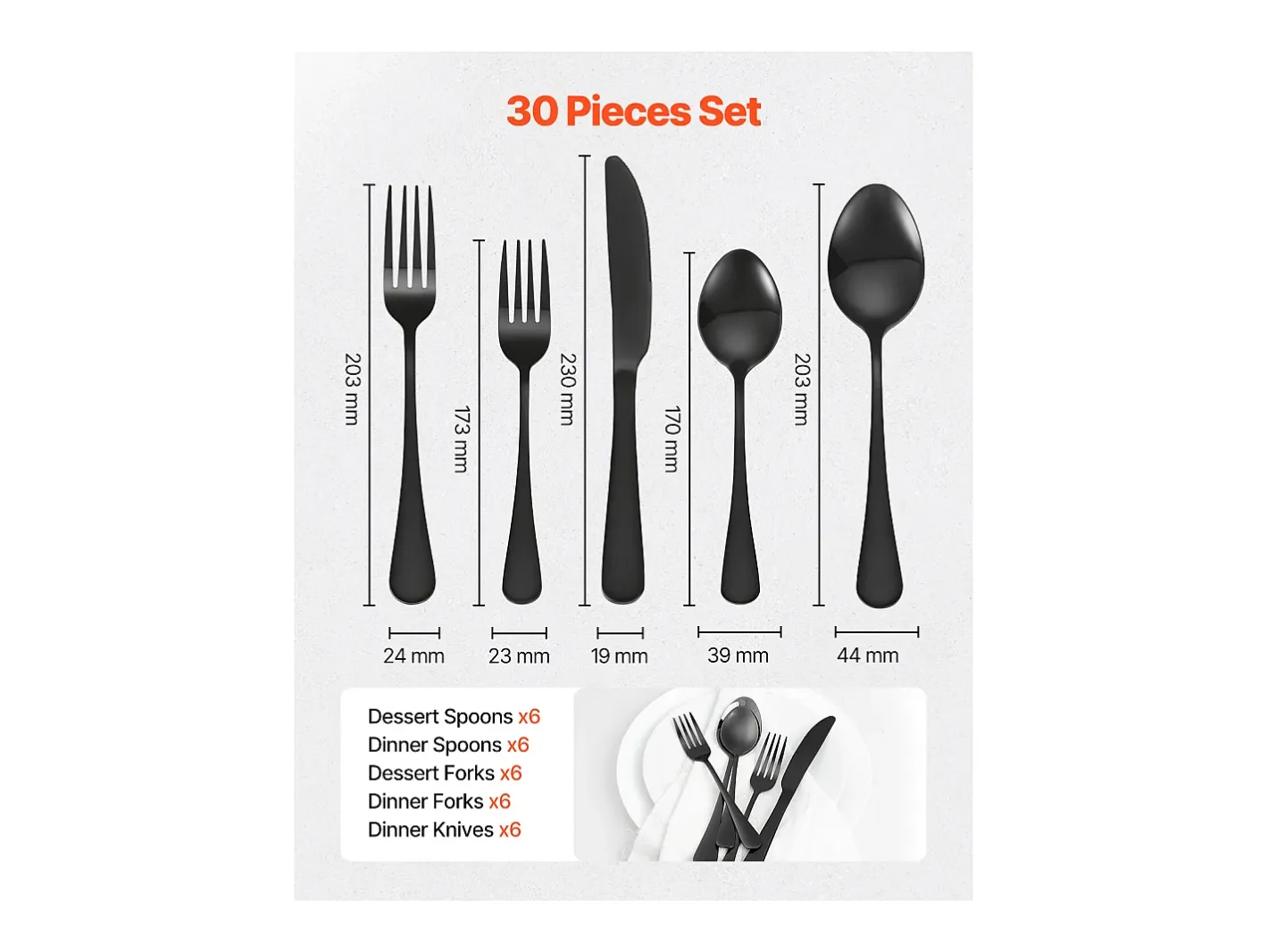 Juego de Cubiertos SucceBuy Juego de Cubiertos de Acero Inoxidable de 30 Piezas, para 6 Personas, Color Negro.