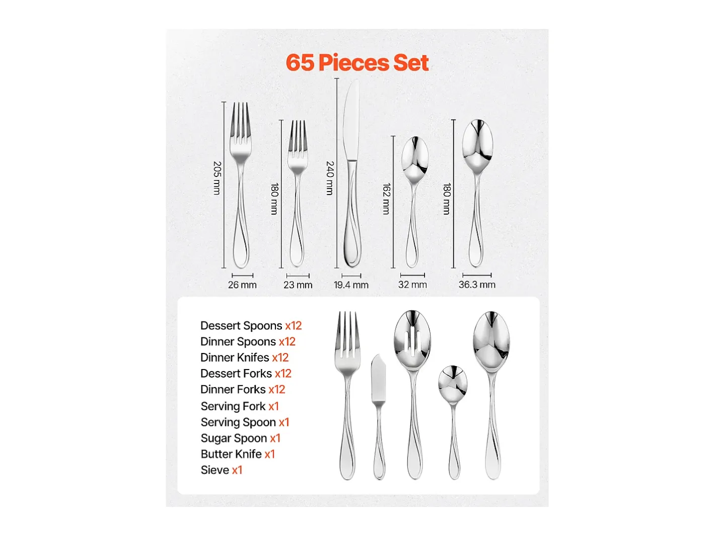 Best Juego de Cubiertos SucceBuy Juego de Cubiertos de Acero Inoxidable de 65 Piezas, para 12 Personas, para Cocina.