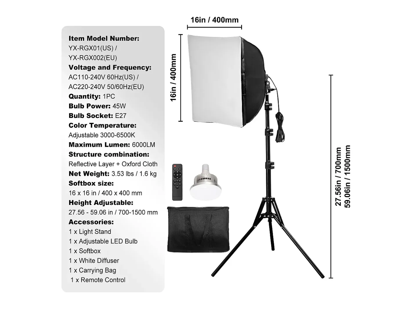 Kit de Iluminación Softbox SucceBuy, 41 x 41 Cm, 3000-6500K Ajustable para la Toma de Fotos Negro