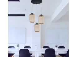 Lámpara Suspendida-Krizia - Lámpara colgante negra con cristal ámbar decorado y cables eléctricos orientables, 3 luces Beige
