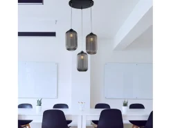 Lámpara Suspendida-Krizia Suspensión en hierro lacado negro con cables orientables y difusores en cristal soplado espejo con dec. Forro en relieve de 3 luces Gris