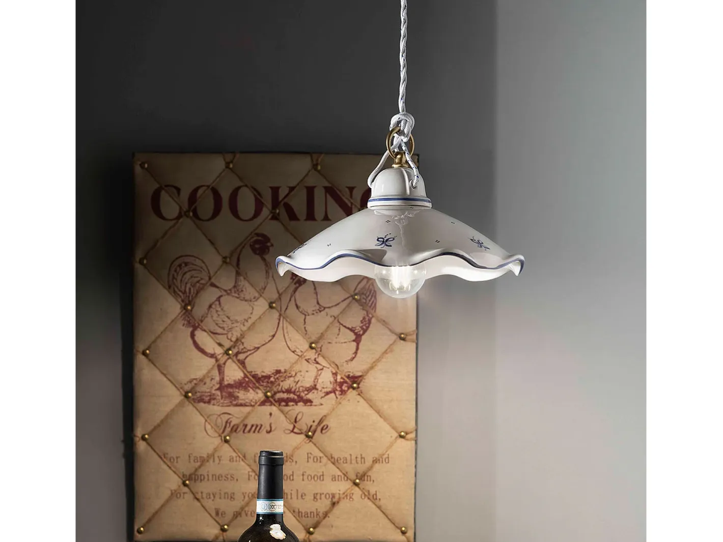 Discount Ferroluce Lampadario Classico Belluno Ceramica E Ottone Decorato Filo Blu 1 Luce E27 Azul