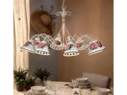 Ferroluce Lámpara Suspendida-Lampadario Classico Napoli Metallo E Ceramica Bianco Sfumato Oro 8 Luce E14 Blanco