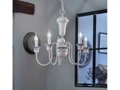 Ferroluce Lámpara Suspendida-Lampadario Classico Sanremo Metallo E Ceramica Bianco Filo Blu 5 Luci E14 Blanco