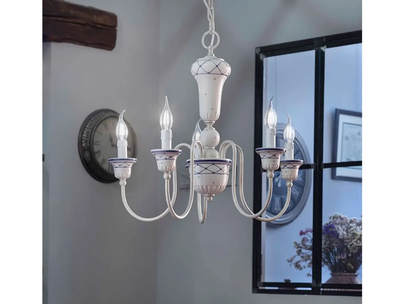 Ferroluce Lámpara Suspendida-Lampadario Classico Sanremo Metallo E Ceramica Bianco Filo Blu 5 Luci E14 Blanco