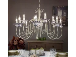 Ferroluce Lámpara Suspendida-Lampadario Classico Sanremo Metallo E Ceramica Bianco Sfumato Oro 12 Luci E14 Blanco