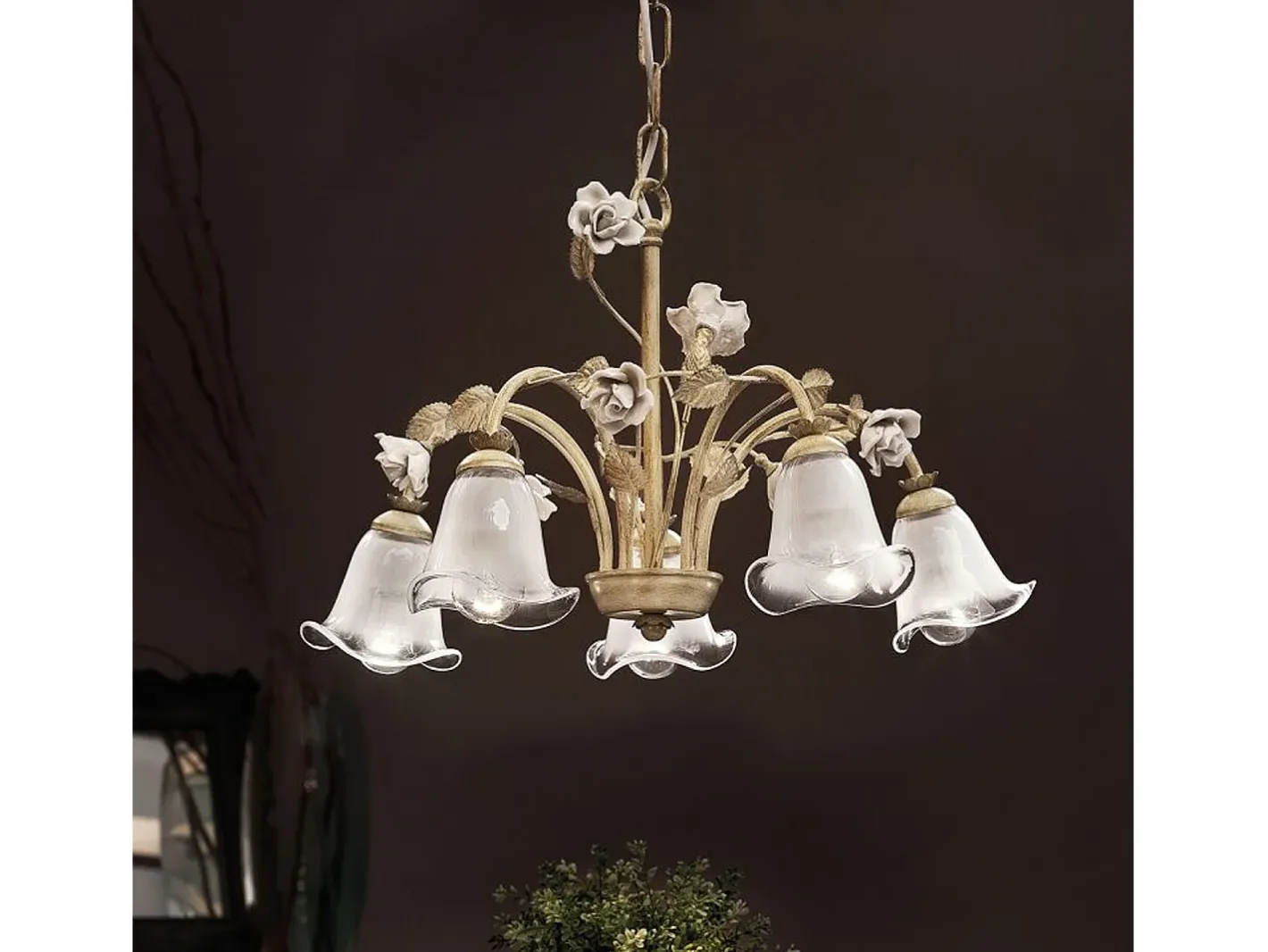 Ferroluce Lampadario Classico Siena Metallo E Ceramica Nero Sfumato Oro Lucido 5 Luci E14 Dorado Hot