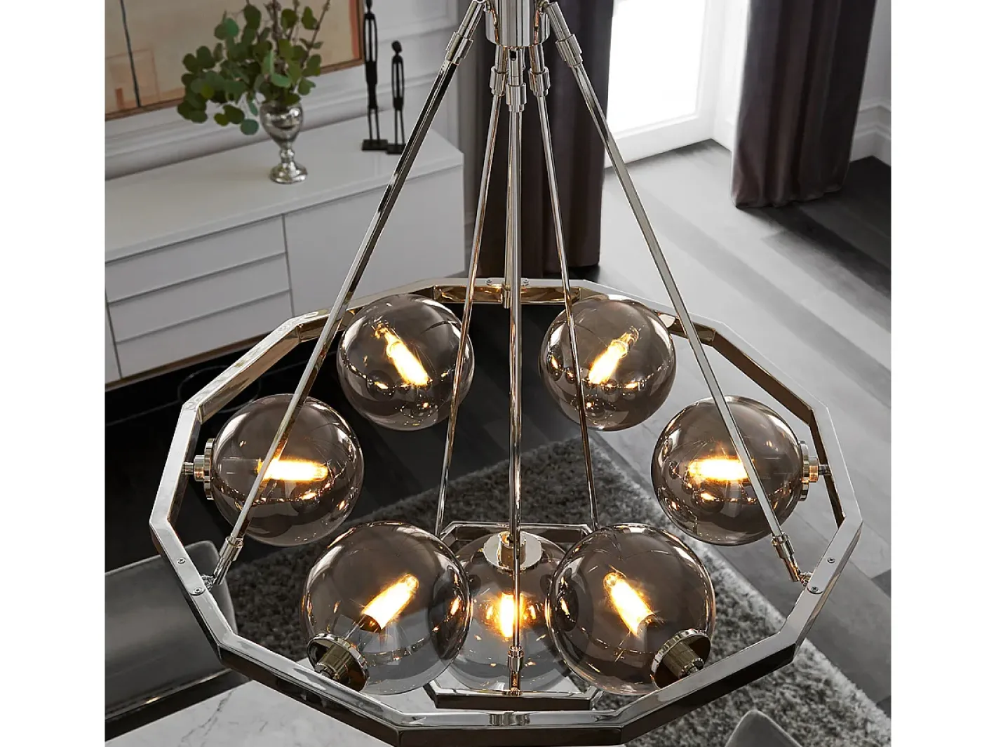 Lámpara Suspendida-Lampadario Contemporaneo Harper Acciaio Nichel Lucido Vetro 7 Luci E14 Gris