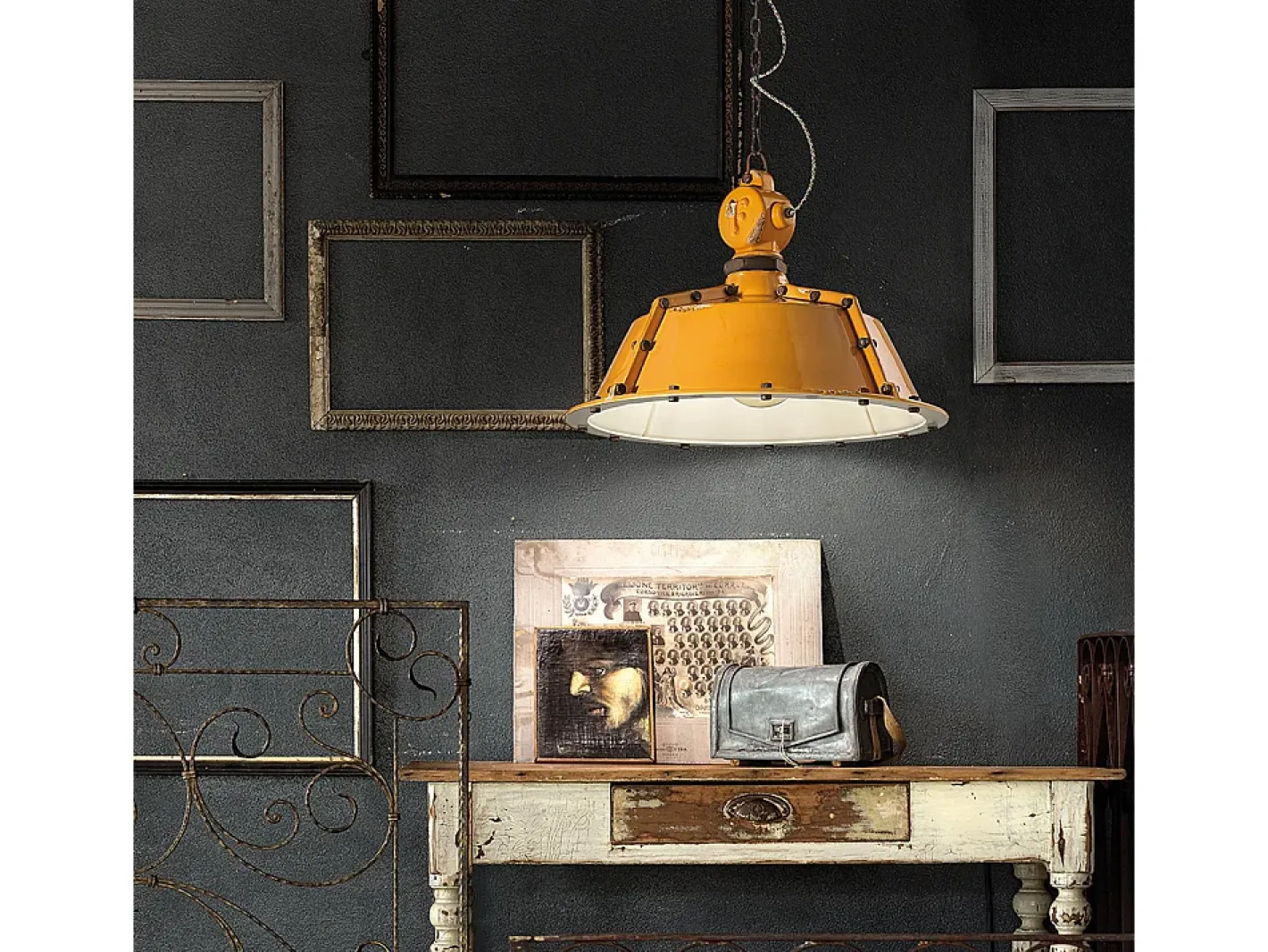 Discount Ferroluce Lampadario Industrial Ferro E Ceramica Vintage Giallo 1 Luce E27 52Cm Amarillo