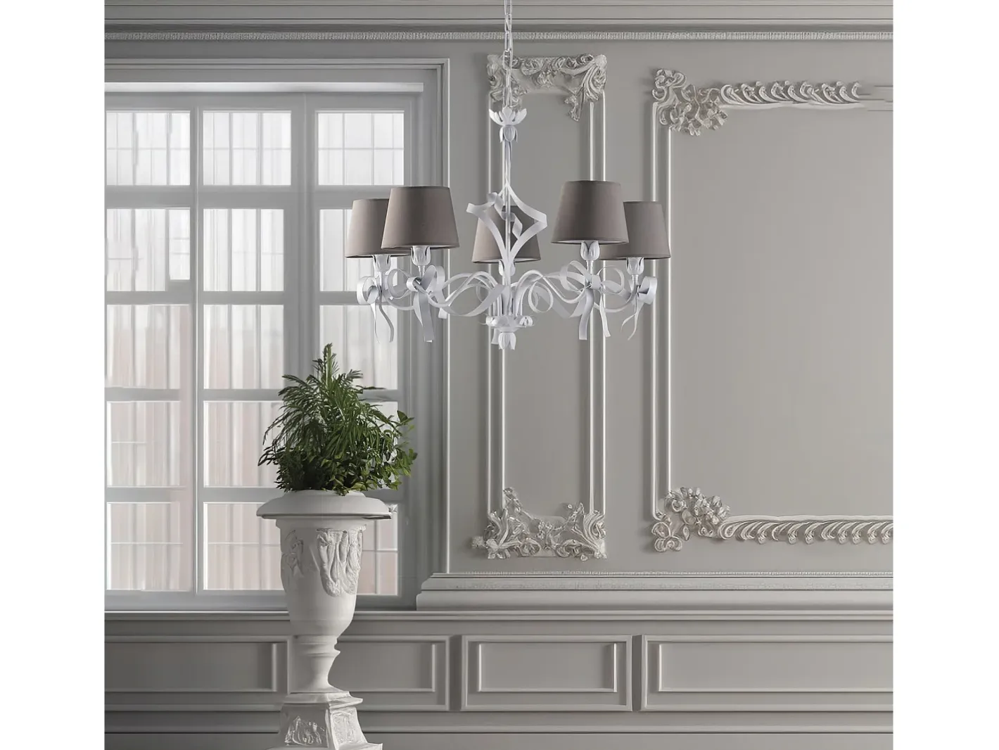 Lámpara Suspendida-Lampadario Shabby Chic Lucy Bianco 5 Luci Paralumi Tortora BeLight Topo