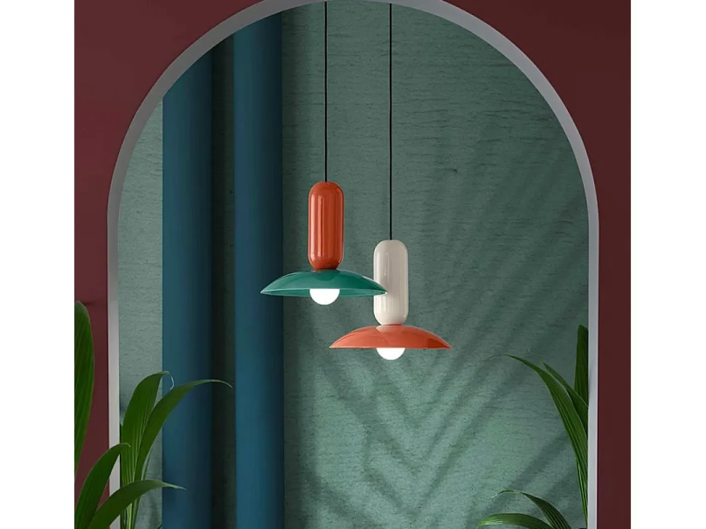 Ferroluce Lampadario Vintage Decò Pau Ceramica Turchese E Arancio Pokè 1 Luce E27 Naranja Hot