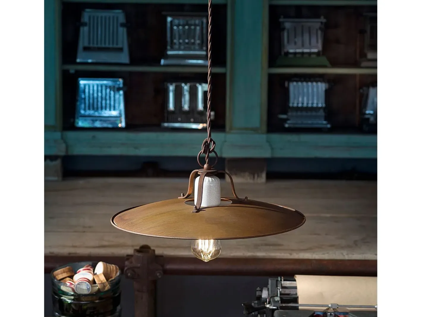 New Ferroluce Lampadario Vintage Grunge Ferro E Ceramica Craquele' 1 Luce E27 40Cm Marru00f3n chocolate