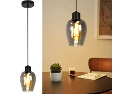 NETTLIFE Lámpara Suspendida-Lámpara colgante de mesa de comedor negra - Lámpara colgante vintage de vidrio ahumado con una sola llama E27 Negro