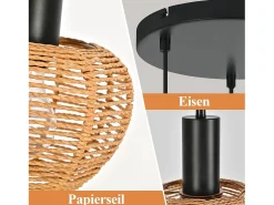 NETTLIFE Lámpara Suspendida-Lámpara colgante de ratán bohemio con 3 luces - Lámpara de araña vintage de cuerda de cáñamo trenzada E27 - Iluminación (bombillas no incluidas) Marru00f3n