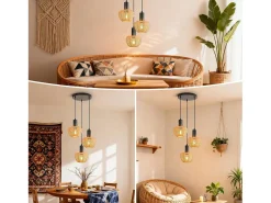 NETTLIFE Lámpara Suspendida-Lámpara colgante de ratán bohemio con 3 luces - Lámpara de araña vintage de cuerda de cáñamo trenzada E27 - Iluminación (bombillas no incluidas) Marru00f3n