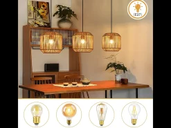 Online NETTLIFE Lámpara colgante de ratán bohemio para mesa de comedor - 3 bombillas E27, altura ajustable, estilo retro, para salón o dormitorio (bombillas no incluidas) Multicolor