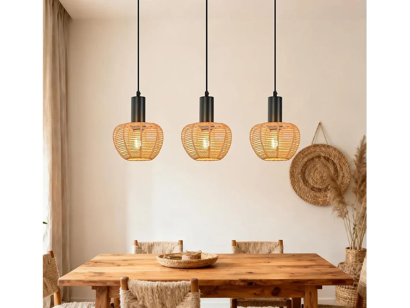Discount NETTLIFE Lámpara colgante de ratán bohemio con 3 luces - Lámpara de araña vintage de cuerda de cáñamo trenzada E27 - Iluminación (bombillas no incluidas) Marru00f3n