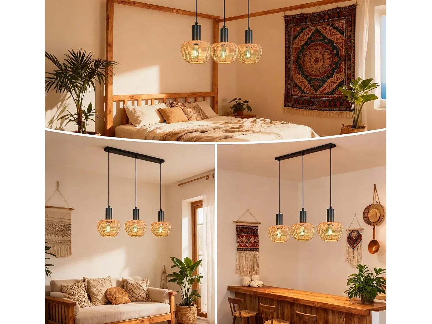 Discount NETTLIFE Lámpara colgante de ratán bohemio con 3 luces - Lámpara de araña vintage de cuerda de cáñamo trenzada E27 - Iluminación (bombillas no incluidas) Marru00f3n