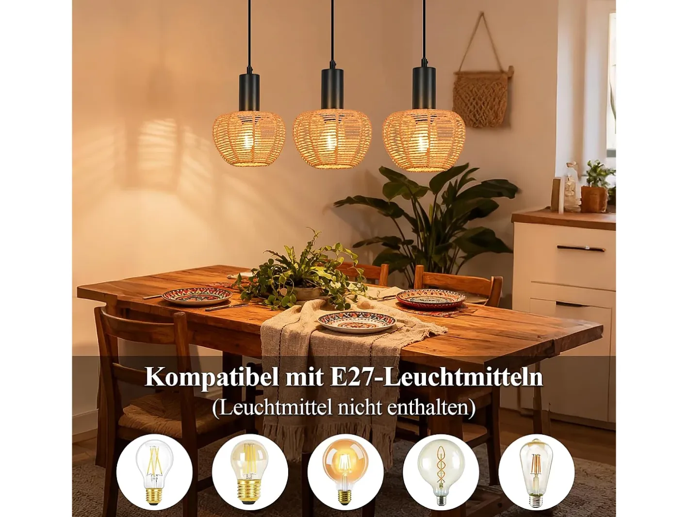 Discount NETTLIFE Lámpara colgante de ratán bohemio con 3 luces - Lámpara de araña vintage de cuerda de cáñamo trenzada E27 - Iluminación (bombillas no incluidas) Marru00f3n