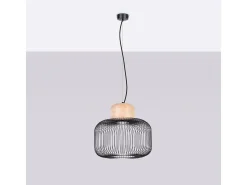 Discount Sollux Lighting Lámpara colgante Gabbia industrial de acero/madera - 1 fuentes luminosas - L.35 x A.183 cm - madera negra/natural Negro